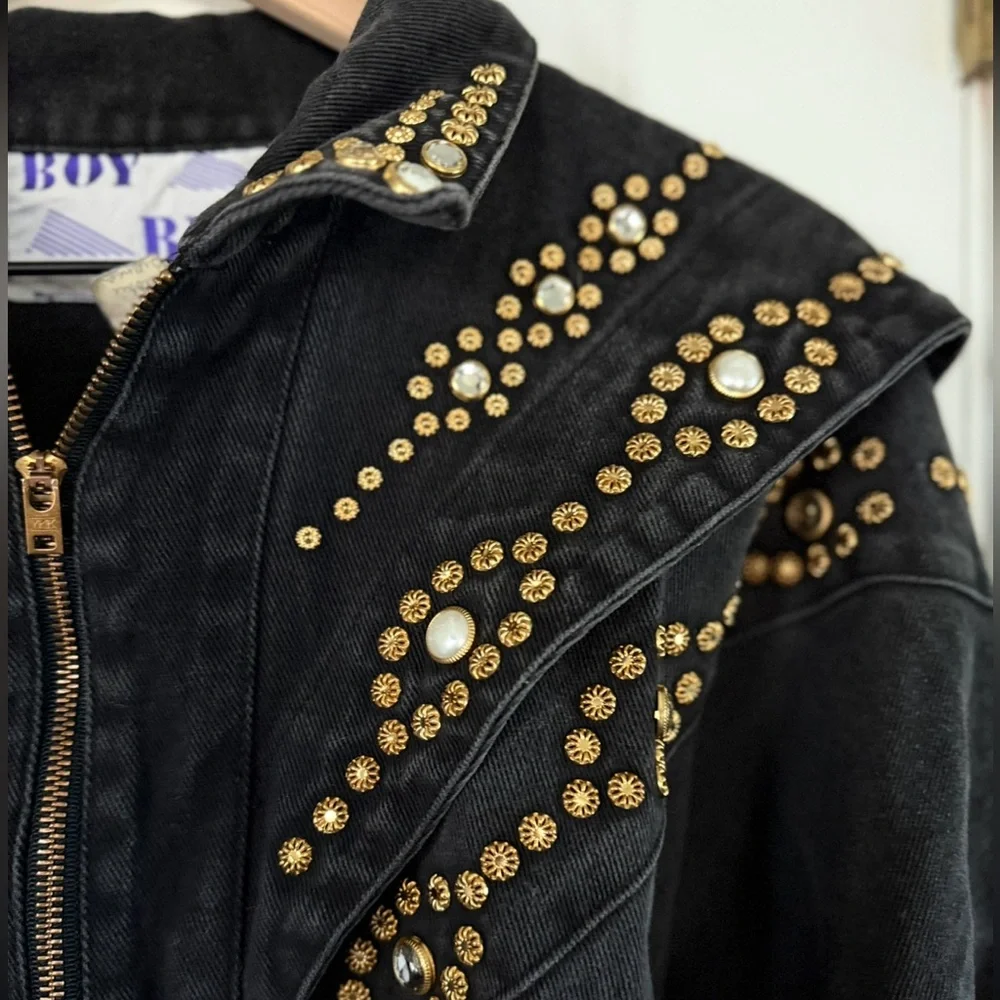 Vintage Boy Blue Studded Black Denim Bomber Jacket Zip Front Statement Coat‎